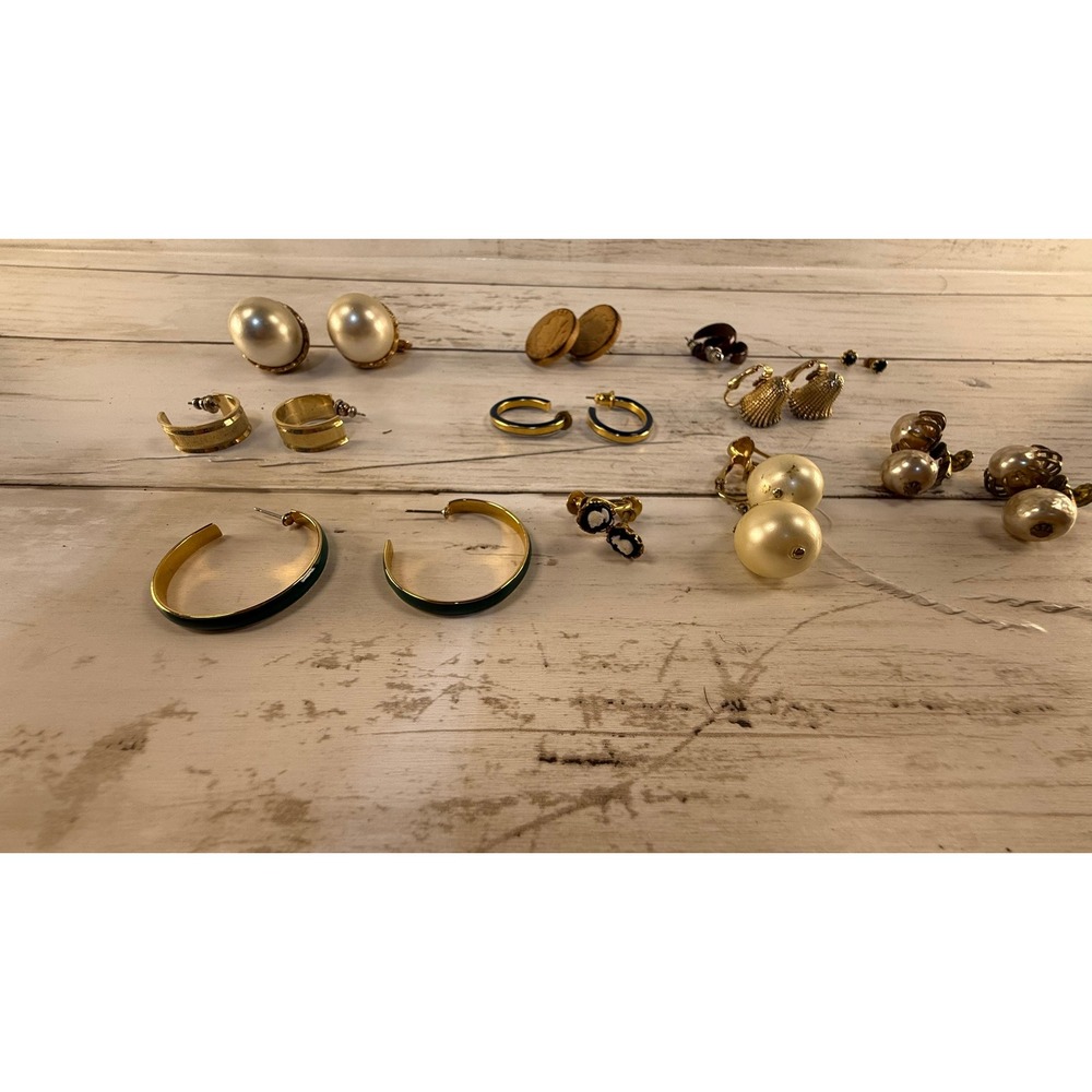 Vintage Earring Lot 11 Pairs Faux Pearl Gold Tone Enamel Hoops Cameo Clip On